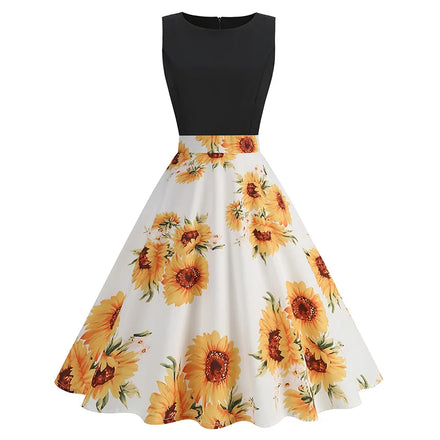 Vestidos Elegant Summer Elegant Women's Floral Print Dresses Sleeveless Sunflower Knee Length Flower Sundress