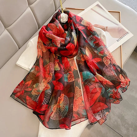 New Styles Maple Leaf Imitation Silk Sunscreen Scarf Beach Shawls 130*190cm Large Flower Pattern Silk Gauze Wrap Scarf for Women