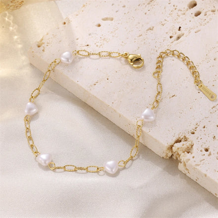 Women's Vintage Style Stainless Steel Chain Anklets with Imitation Pearl 18K Gold Plated Heart Jewelry