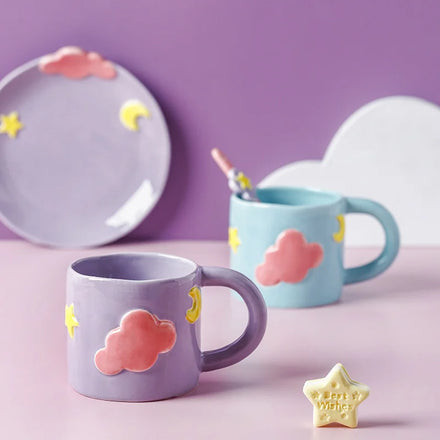 Modern Korean Style Mug Hand-Painted Star Moon Design White Ceramic Coffee Cup Embossed Cloud Saucer Daily Use Presented White