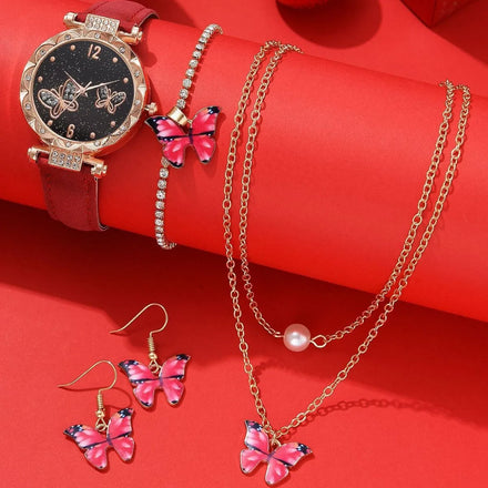 Luxury Women's Watch Alloy Case Leather Band Butterfly Charm Design Quartz Movement Fashion Trendy Jewelry Set