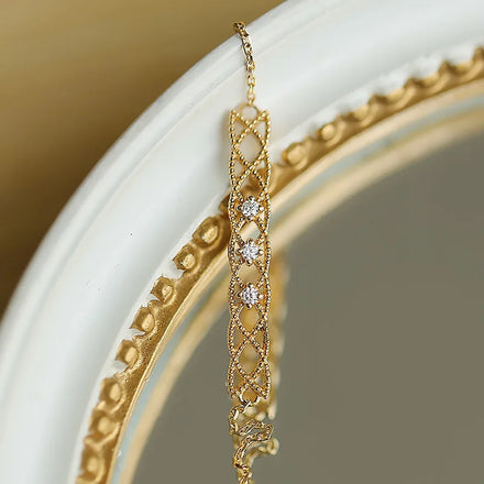 Vintage Court Style14K Gold Plating Pure 925 Sterling Silver Thin Chain Hollow Square Bracelets for Women Girls Jewelry