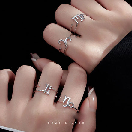 Unique 12 Zodiac Finger Ring S925 Sterling Silver Hollow Double Layer Zodiac Adjustable Finger Ring for Women