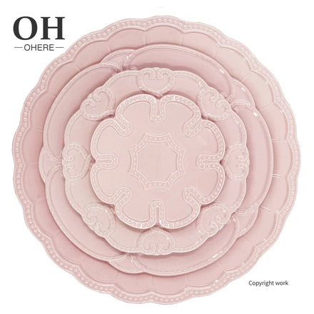 Pink Relief Ceramic Plate Dinner Dish Porcelain Dinnerware Set for Wedding Party in Stock