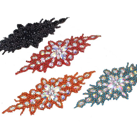 Diy Garment Textile Adhesive Flower Motif Applique Wedding Dress Veil Decorative Iron-on AB Colored Crystal Rhinestones Patch