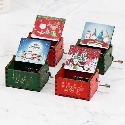 Popular Christmas Hand-Crank Wooden Music Box with Laser Engraved Souvenir Gift
