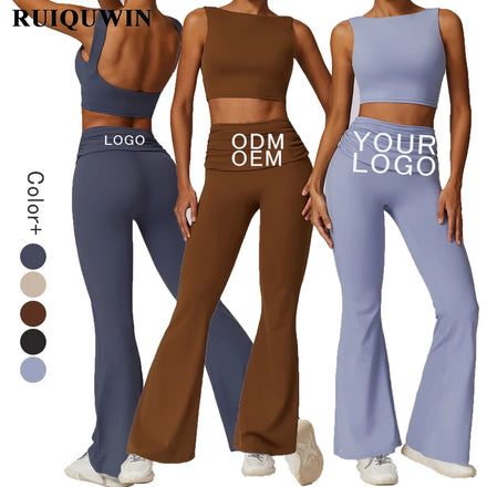 RUIQUWIN OEM Custom Logo Women Running Sports Yoga Suits Flare Leggings Pants Outdoor Workout Fitness Sportswear Yoga Sets