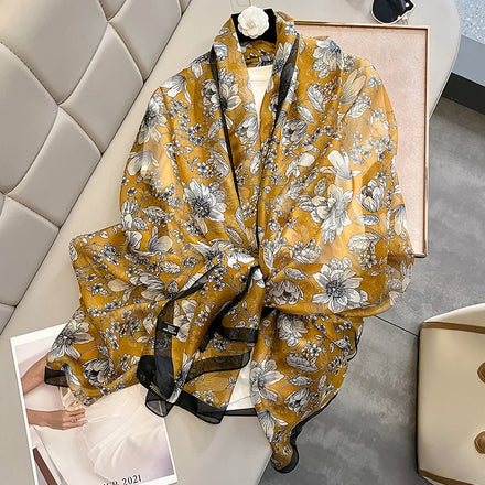 Summer Black White Flower Print Silk Yarn Gauze Scarves 130*180CM Women Long Large Floral Beach Cover up Shawls Sunscreen Scarf