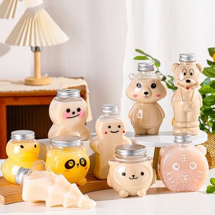 Wholesale Clear Disposable Plastic Creative Cartoon Animal Shape Beverage Juice Bottles With Aluminium Lid