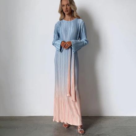 Spring 2024 Female Women's Clothing Dresses Women Lady Elegant Modest Long Sleeve Lace up Pleated Casual Maxi Gradient Dress