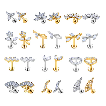 G23 ASTM F136 Titanium Fan Flower Heart Shape Zircon Inlay Nose Stud Labret Ear Stud Tragus Helix Cartilage Wedding Punk Style