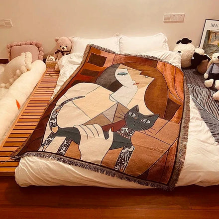 Custom Creative Woman With Cat Pattern Design Jacquard Cotton Blend Tassel Throw Outdoor Picnic Woven Tapestry Blanket
