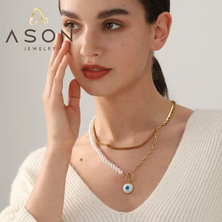 Ason Hip Hop Style Double Layer Chunky Necklace 18k Gold Plated Ladies Pearl Stainless Steel Eyes Chain Charm Pendant Necklace
