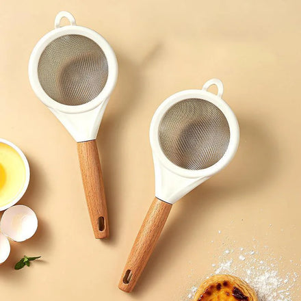 Stainless Steel Flour Sieve Wooden Handle Silicone Components Food Grade Dishwasher Safe for Baking Filtering Powdered Sugar
