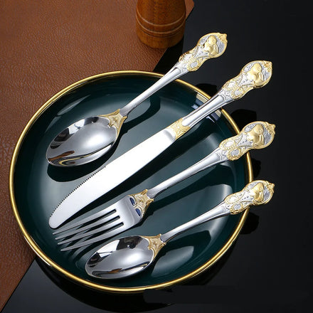 Hot Selling Stainless Steel Cutlery Retro Embossed Handle Flatware 410 Stainless Steel Spoon Set With Gold-Plated Gift Box
