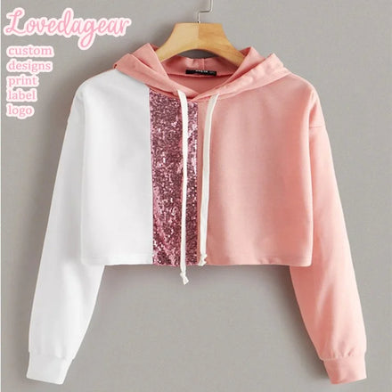 Loveda Custom Private Label Pink White Long Sleeve Cropped Hoodie Glitter Sequin Women Hooded Sweatshirt With Drawstring