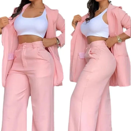 2025 New Style of European and American Women's Elegant Solid Color Open Sleeve Lapel Suit Bag Straight Trouser Suit