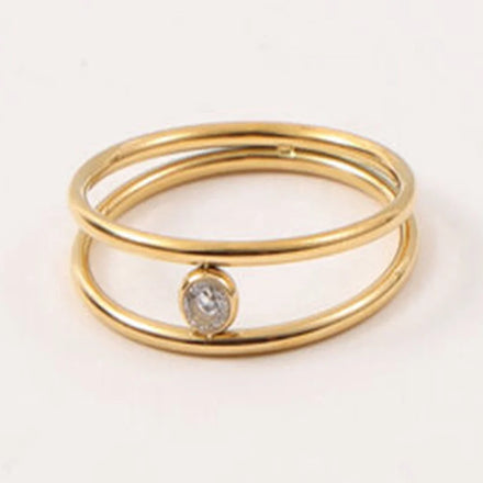 Ins Style Women Minimalist Dainty Fashion Jewelry 18k Gold Plated Stainless Steel Thin Double Layers Cubic Zircon Ring