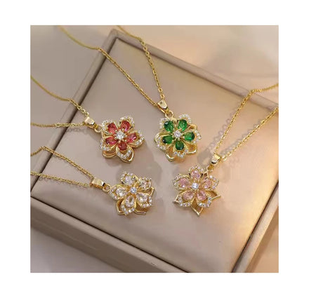 Hot-Sale Spinning Flower Necklace Stainless Steel Chain Jewelry Colorful Cubic Zircon  Rotatable Flower Pendant Necklace