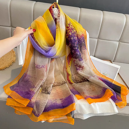 New Styles Luxury Designer Oversized Silk Yarn Gauze Beach Cover up Shawls 130*190cm Color Blocking Flower Pattern Scarves Women