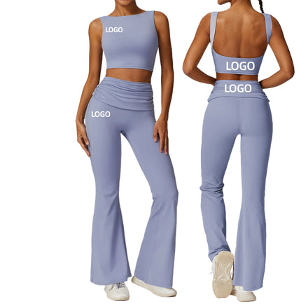 Fashion Folding Waist Gym Wear Women Flare Leggings Crop Top 2 Pieces Sleeveless Vest Nylon Spandex Fitness Yoga Sets