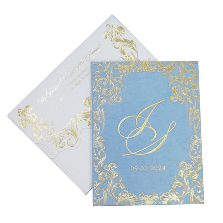 Blue Textured Velvet Hardcover Wedding Invitation Booklet Luxury Gold Foiling RSVP Cards With Envelopes
