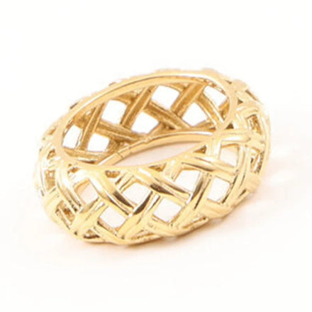 18k Gold Plated Stainless Steel Women Light Luxury Baroque Style Mesh Cambered Surface Braided Ring