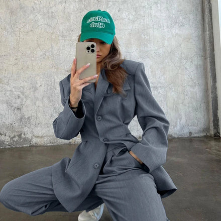 Grey Versatile Casual Fashionable Office Wear Blazer And Trouser Two Piece Set Women Clothing Women's Suit Sets