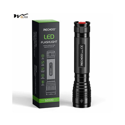 High-Powered LED Flashlight 2000 High Lumens Emergency Light Rechargeable with 3 Modes Zoomable Water Resistant Flash Light
