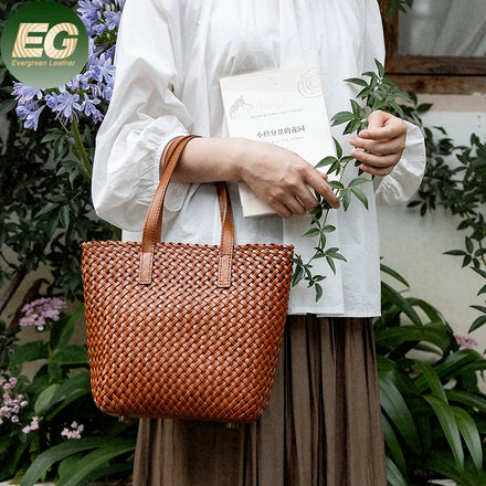 EMG7304 Evergreen Woven Hand Bag Made Knitting Sling Ladies Beach with Zipper Picnic Rattan Gift Tote Genuine Leather Bags Women