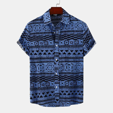 RNSHANGER New Men's Loose Shirts Summer Short Sleeve Shirt Vintage Geometric Print Hawaiian Beach Male Shirts