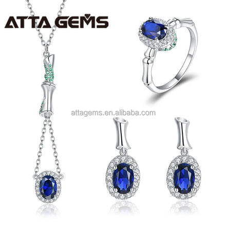 Custom Hot Sell Jewelry Set Sapphire Gemstone Oval Cut Created Sapphire Stone Jewelry Set for Her