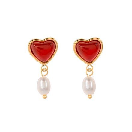 Factory Wholesale Stainless Steel 18K Gold Plated Red Heart Agate Pearl Women's Drop Earrings Jewelry