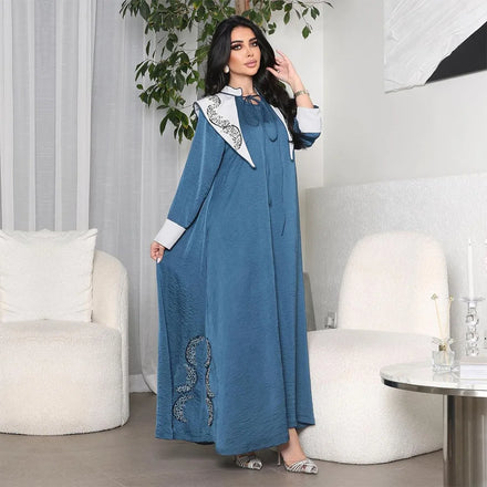 Elegant Design Muslim Women Dress Special Neck Solid Color Sequin Design Abaya Women Muslim Dress