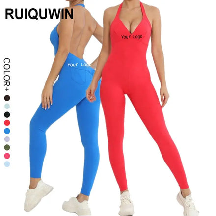 RUIQUWIN OEM 2024 Women's Backless Sexy Fitness Bodysuit Push up Back Pockets Scrunch Butt Halter Gym Jumpsuit