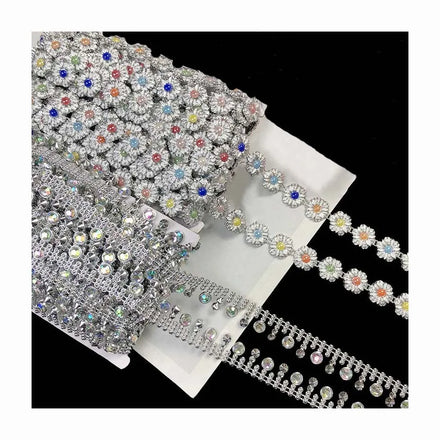 Ethnic Garment Decorative Acrylic Stone Lace Ribbon Costume Dress Hat Upholstery Silver Flower Beaded Rhinestones Chain Trims