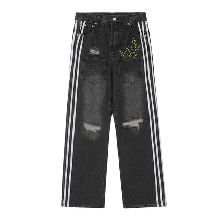 New Arrival Custom Men's Denim Black Pants Side Metal Wide Leg LOGO Denim Straight Jeans 100% Cotton Breathable Spring Button