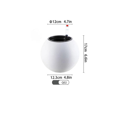 White Plastic Spherical Flower Pot with Self-Absorbing Watering System for Home and Tabletop Use