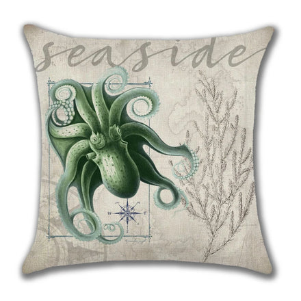 Sea Life Decorative Pillow Case-Underwater Scene with Submarine Crab Seahorse Octopus Turtle Square Cushion Cover for Home Decor