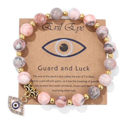 Micro Inlaid Rhinestone Evil Eye Pendant Bracelet Natural Stone Pink Zebra Jasper Beaded Bracelets