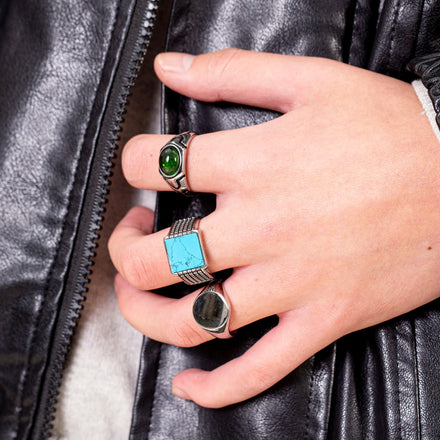 Hot Selling Tiger Eye Blue Turquoise Agate Nature Stone Ring Stainless Steel 18k Gold Plated Rings for Men