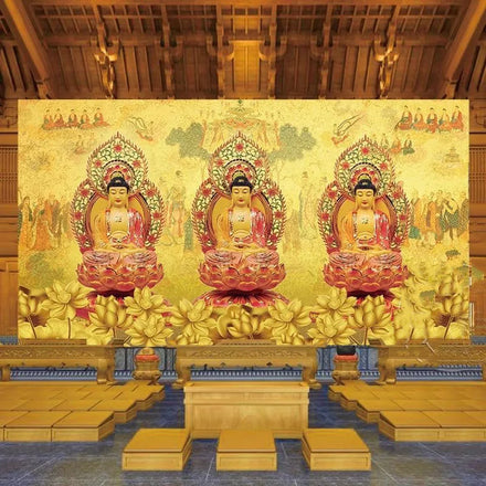 Buddha Hall Three Treasures Buddha Golden Lotus Background Mural Living Room Temple Buddhist Niche Hall Entrance Wallpaper
