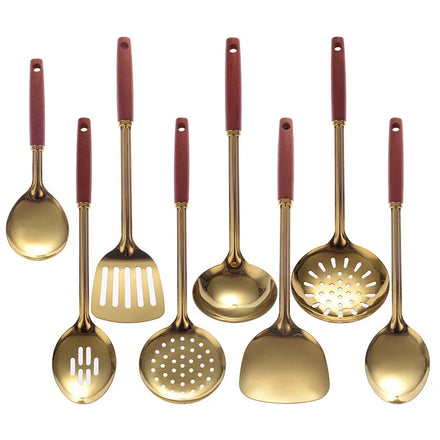 8Pcs Gold Stainless Steel Cooking Utensils Set Wooden Handle Heat Resistant Wok Spatula Soup Ladle Kitchen Tool For Home