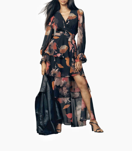 New for 2024 V-Neck High-Waisted Puff Sleeves Pattern Women Muslim Dress