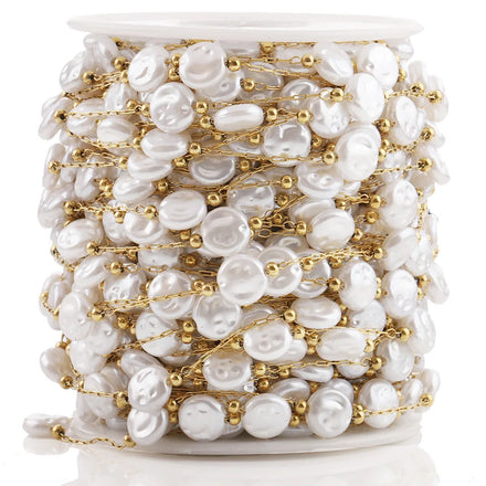 18K Gold Plated 5-Meter Roll Steel Body Chain 8mm Flat Baroque Imitation Pearl DIY Round Pattern Fine Jewelry Making Accessories