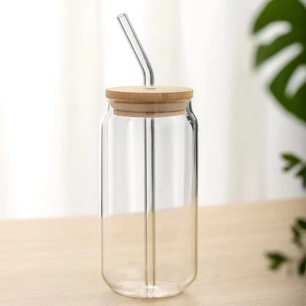 Hot Selling Transparent Glass Bottle with Bamboo Lid and Straw Single Layer Juice Cup