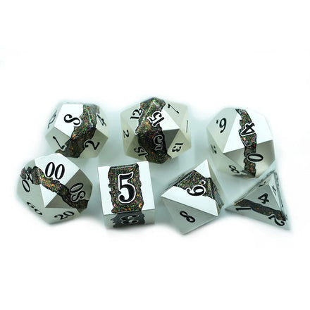 Matt White DND Metal Dice DND 7 PCS 16mm D&D Dice Set With Mica Glitter for Dungeons and Dragon Tabletop Game
