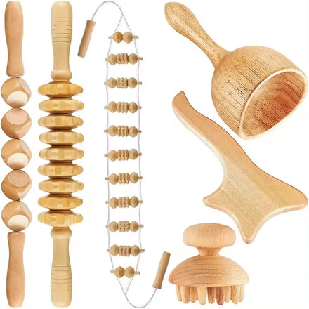 6 in 1 Wood Therapy Kit Wooden Massager Roller Gua Sha Roller for Muscle Pain Relief Body Sculpting Tools