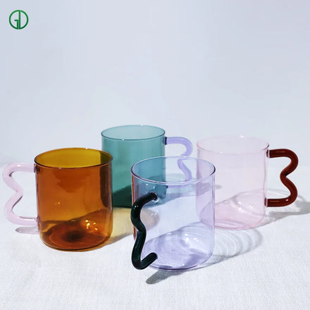 Custom Creative Colored Drinking Glass Cups Customizable High Borosilicate Glass Coffee Mug with Different Color Handles