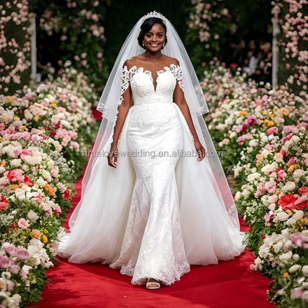 Customized New Style Bridal Gown Lace Long Sleeve Deep V-neck Mermaid Detachable Train Wedding Dress